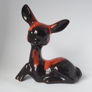 Vintage Drip Glazed Orange Black Deer Figurine Mid Century Canuck Pottery